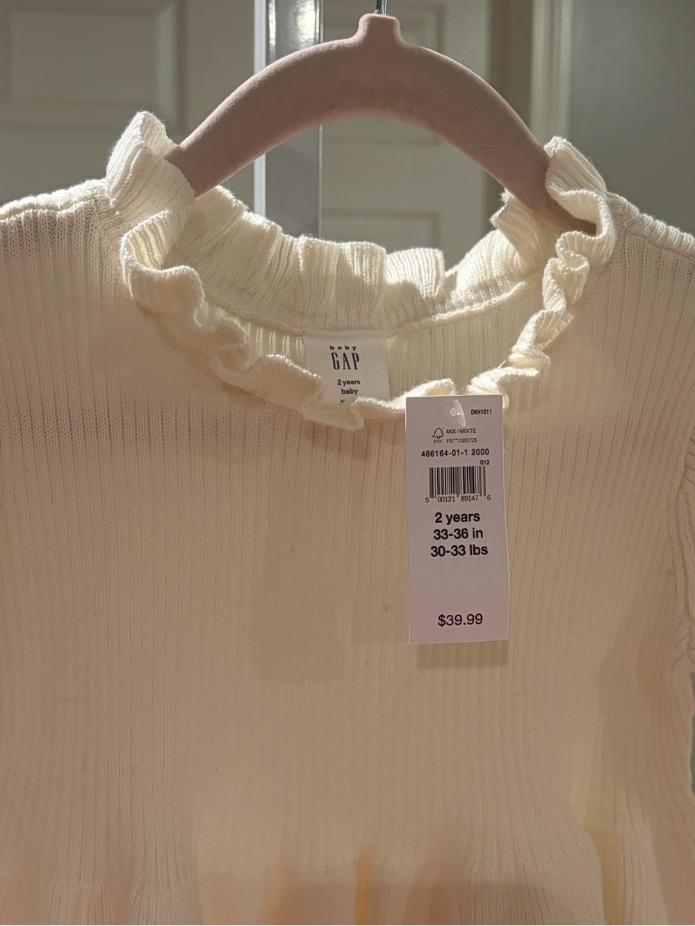 GAP Cream Ribbed Ruffle-Neck Long-Sleeve Dress - Picture 2 of 3